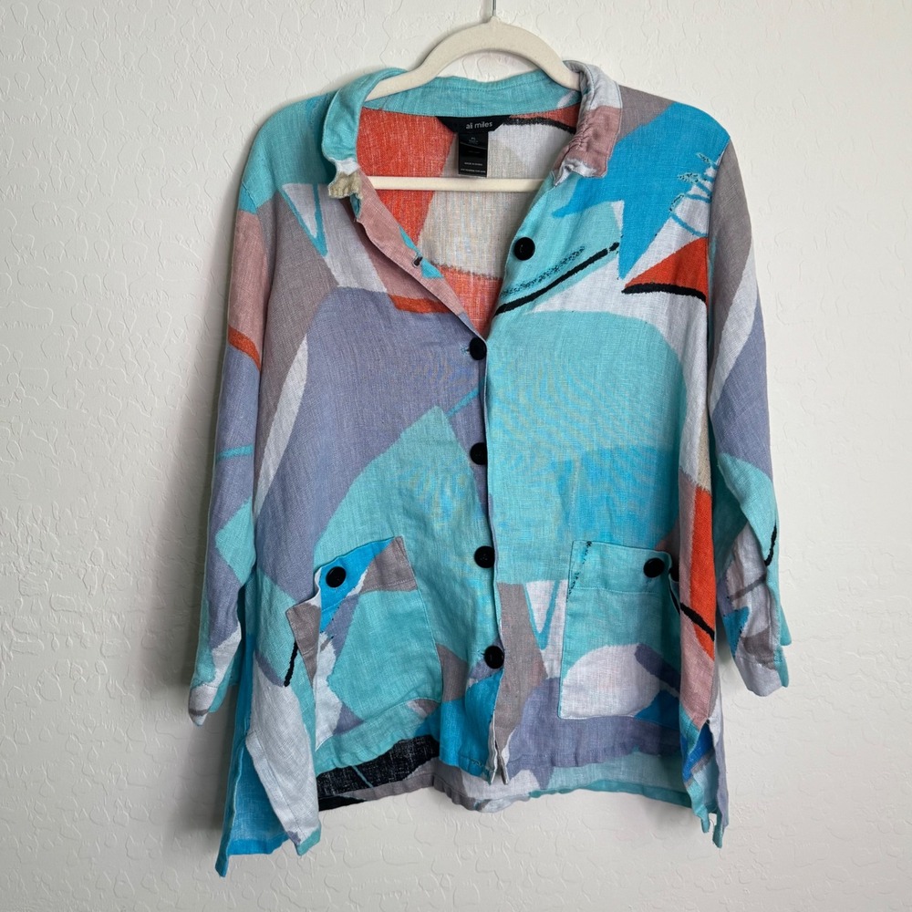 Ali Miles Womens 100% Linen Top PL Lagenlook Blue Abstract Art To Wear Button Up